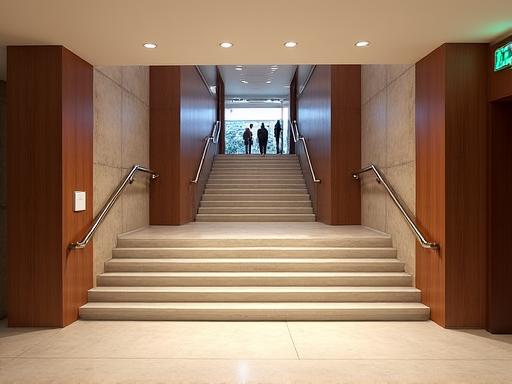 A stylish hotel lobby with a ramp alongside a short flight of stairs.