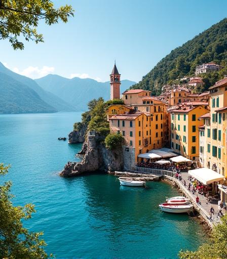 Colorful buildings lining the waterfront of a village on Lake Como, Italy.