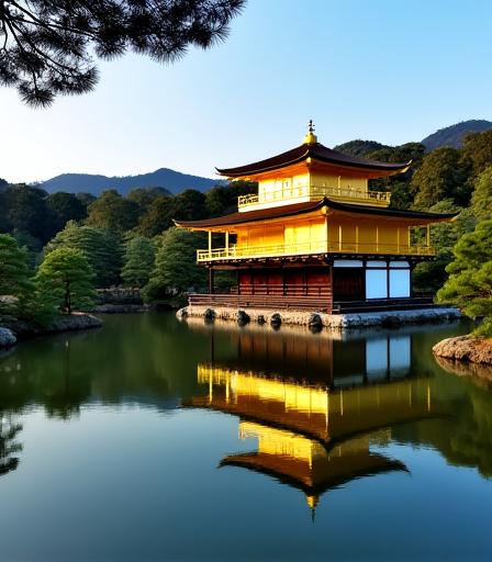 The iconic Kinkaku-ji Golden Pavilion in Kyoto, Japan, reflected in the surrounding pond.