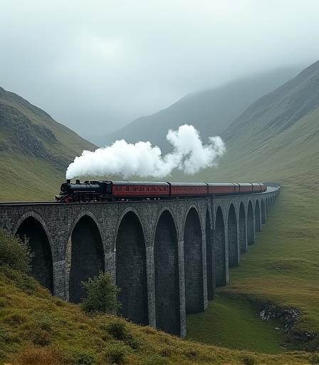 A classic train crossing a viaduct in the Scottish Highlands.